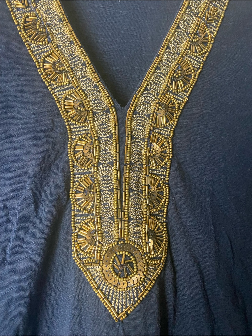 Lucky Brand Navy Embroidered Tunic Top Boho Chic Gold Beaded Blouse Luxe M - Picture 5 of 6